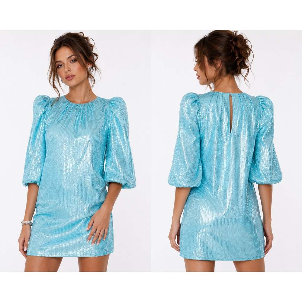Alice + Olivia Pauletta Sequin Mini Dress XS Aqua Blue Puff Sleeve Mermaid Glam